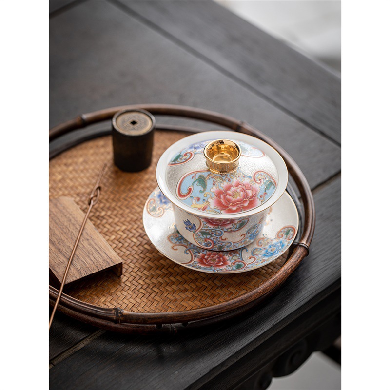 Bát trà tam tài bạc chạm khắc thủ công cốc trà đồ gốm sứ gia dụng bát trà pha trà men vàng hộp quà