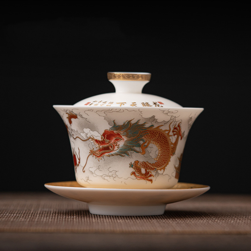 Cao cấp mỡ cừu ngọc sứ long phượng tam tài bát trà cốc pha trà bào mỏng bát pha trà công phu có nắp ấm tay cỡ lớn