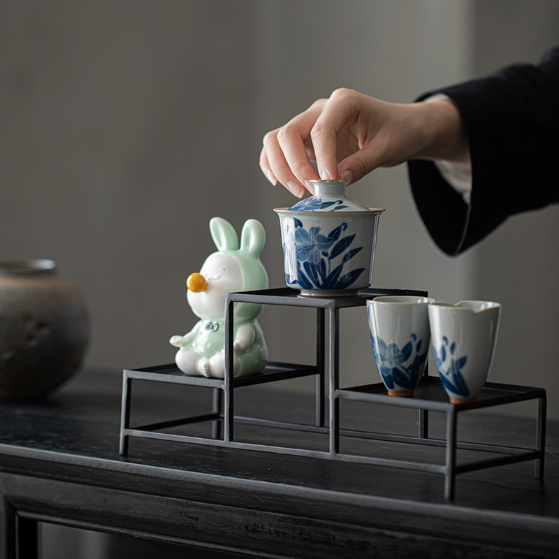 Giá trưng bày Bộ trà bằng sắt nghệ thuật sang trọng nhẹ, giá để đồ Bộ trà bằng sắt thủ công, Giá để đồ Bogu, tách trà, giá ấm trà