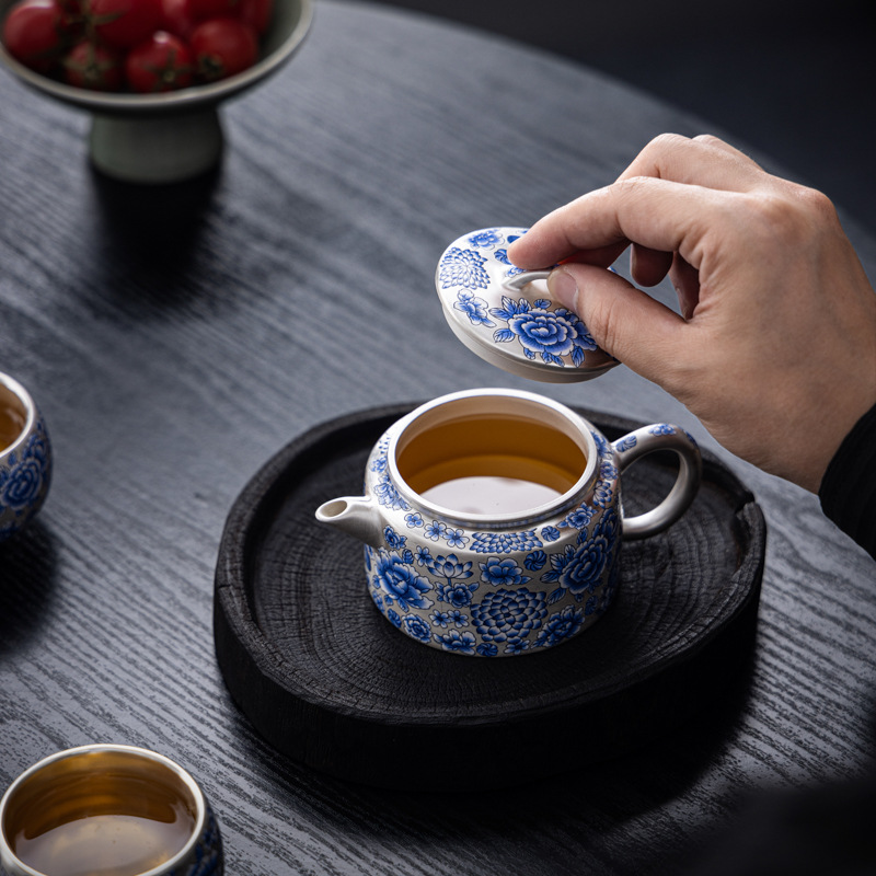Bộ trà bạc trắng và xanh sáng tạo văn hóa Đôn Hoàng với một nồi và hai cốc làm quà tặng cho người lớn tuổi và người nước ngoài Quà lưu niệm kinh doanh của công ty