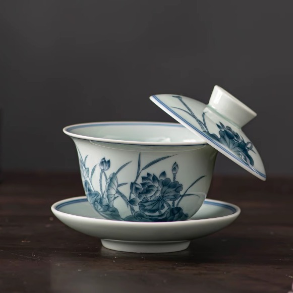 Bộ ấm chén trà Kung Fu gốm sứ không nóng, một chiếc, có nắp, tô ba tài men xanh trắng, kèm chén trà và tô trà