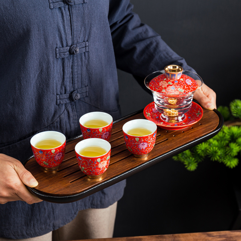 Bộ dụng cụ trà Kung Fu có nắp thủy tinh tráng men gia dụng ấm trà tam tài trong suốt dày chịu nhiệt