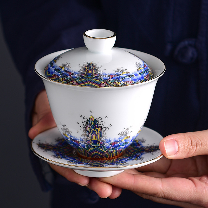 Men sóng biển ba chỉ bát nắp cốc trà gốm sứ bộ trà công phu bát trà gia dụng đơn xưởng bán buôn