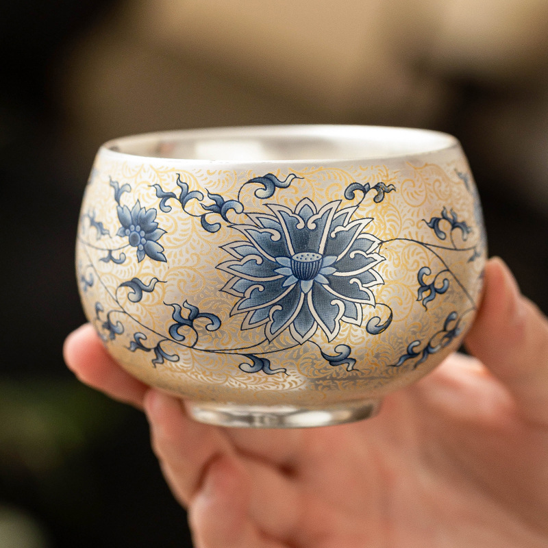 Hoa sen màu xanh và trắng vần mạ bạc cốc La Hán cốc chủ nhân gốm sứ cốc trà Kung Fu tách trà chén trà chén trà bộ trà sang trọng nhẹ chén trà