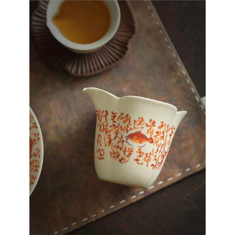 Cốc công bằng cổ điển tráng men soda, đồ uống trà phân chia thơ trắng xanh, cốc đồng nhất gia dụng, phụ kiện cốc đồng nhất miệng hoa gốm thủ công