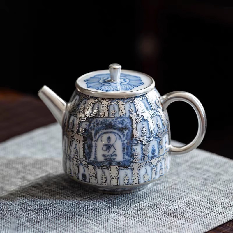 Bong bóng sứ Bộ trà bạc He Fu Sen Ấm trà bạc Jingdezhen Gốm sứ cao cấp làm bằng tay Hộp quà tặng