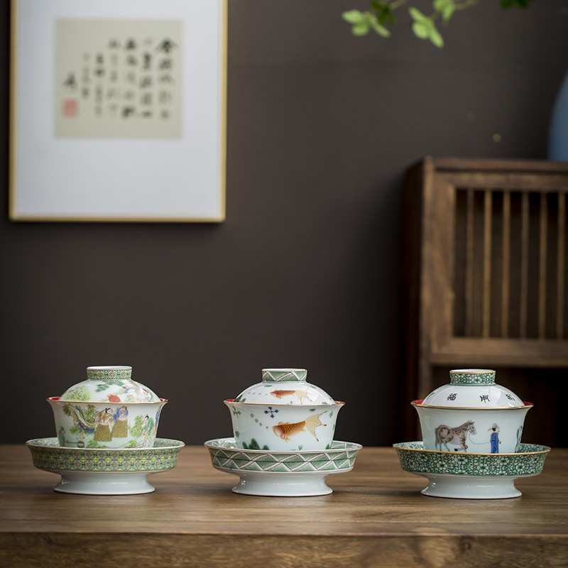 Jingdezhen cổ điển cỡ lớn bát có nắp ba tài dụng cụ pha trà cao cấp bát pha trà bát ly trà sứ