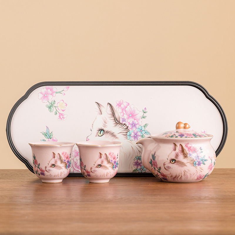 Ấm cầm tay mèo hoa Ru Kiln Ấm pha trà gốm sứ Fu Lu dụng cụ pha trà Kung Fu cao cấp gia dụng dụng dụng cụ pha trà có lọc chống bỏng