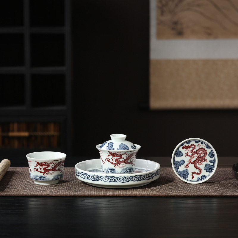 Bộ bát có nắp trà sứ trắng xanh Jingdezhen Bộ trà Kung Fu tách trà cá nhân cốc chủ nhân một người uống
