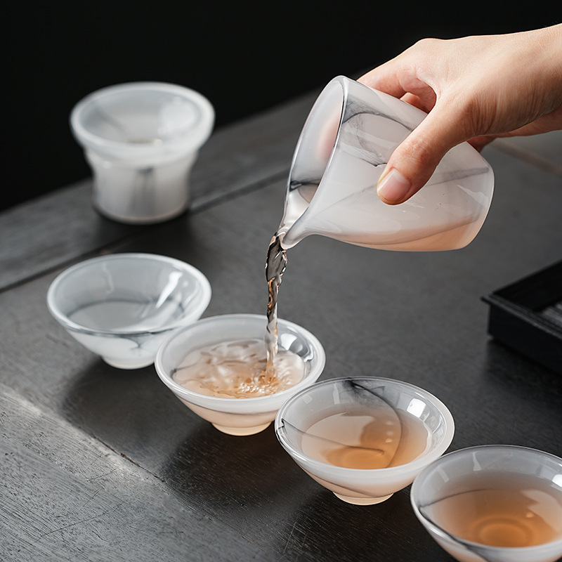 Bộ ấm trà thủy tinh ngọc trắng bộ ấm trà Kung Fu phục vụ khách văn phòng cao cấp gia dụng có nắp bát mũ cốc trà hộp quà