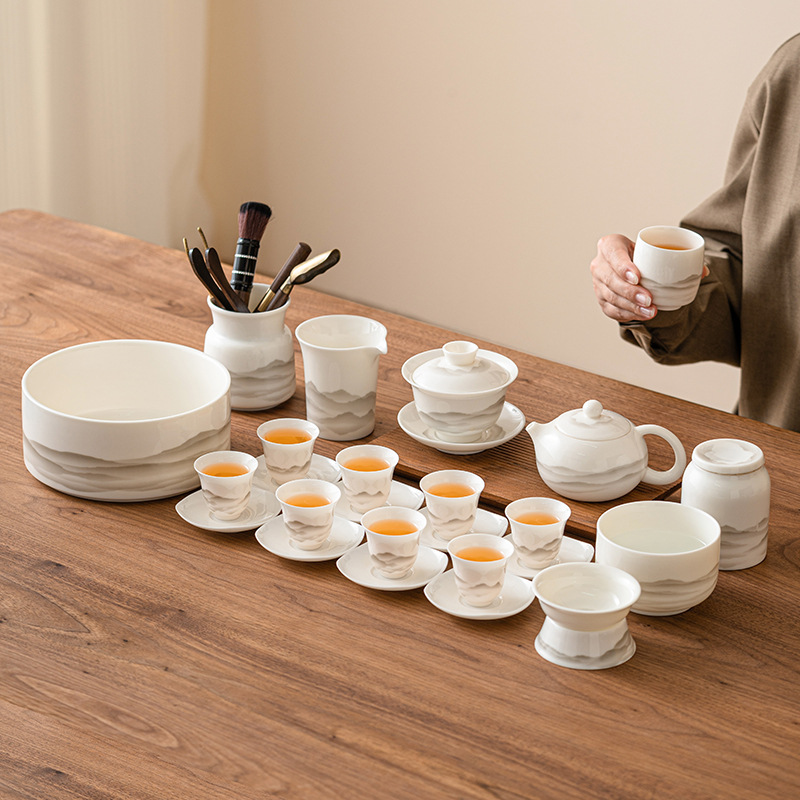 Bộ ấm trà Kung Fu Wanshan Yangzhiyu Bộ ấm trà sứ trắng cao cấp văn phòng gia dụng có nắp cốc trà hộp quà