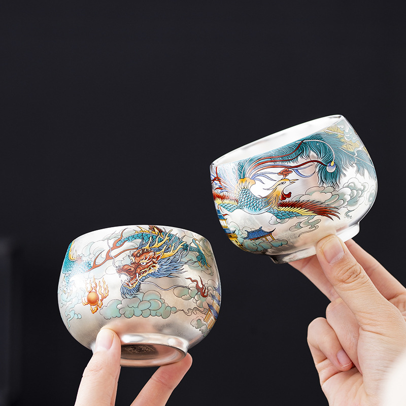 Bộ ấm chén trà rồng phượng bạc mạ vàng, chén trà bạc 999, bát bạc, chén sứ cao cấp, đồ thủ công vẽ tranh, quà tặng sáng tạo, bộ ấm chén trà
