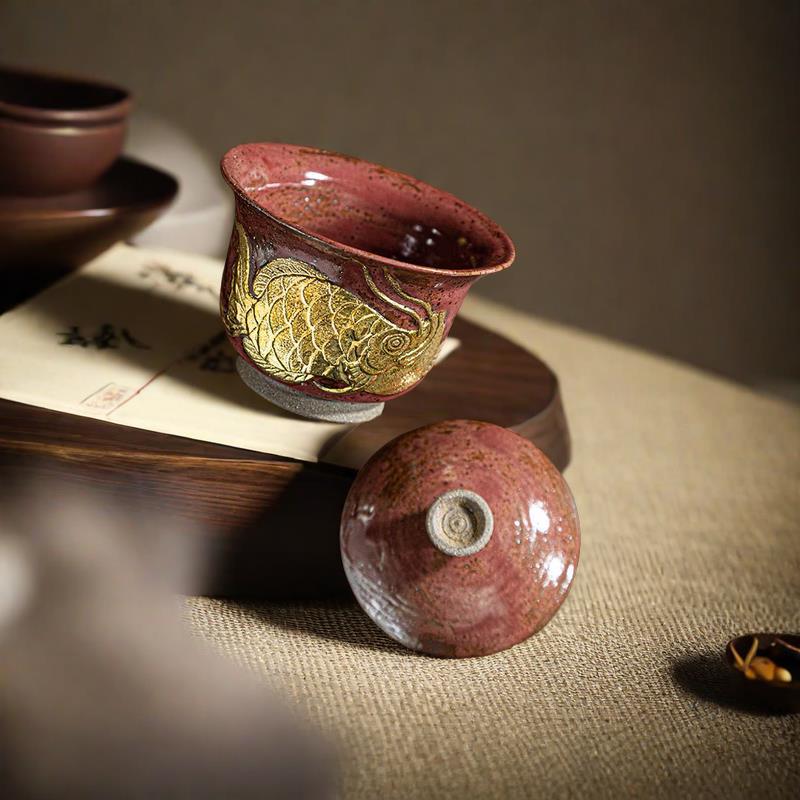 Bát có nắp, bát pha trà gốm thô kiểu Nhật thủ công, bộ trà gia dụng sáng tạo, cốc có nắp, cá rồng vàng, trà màu đỏ rượu