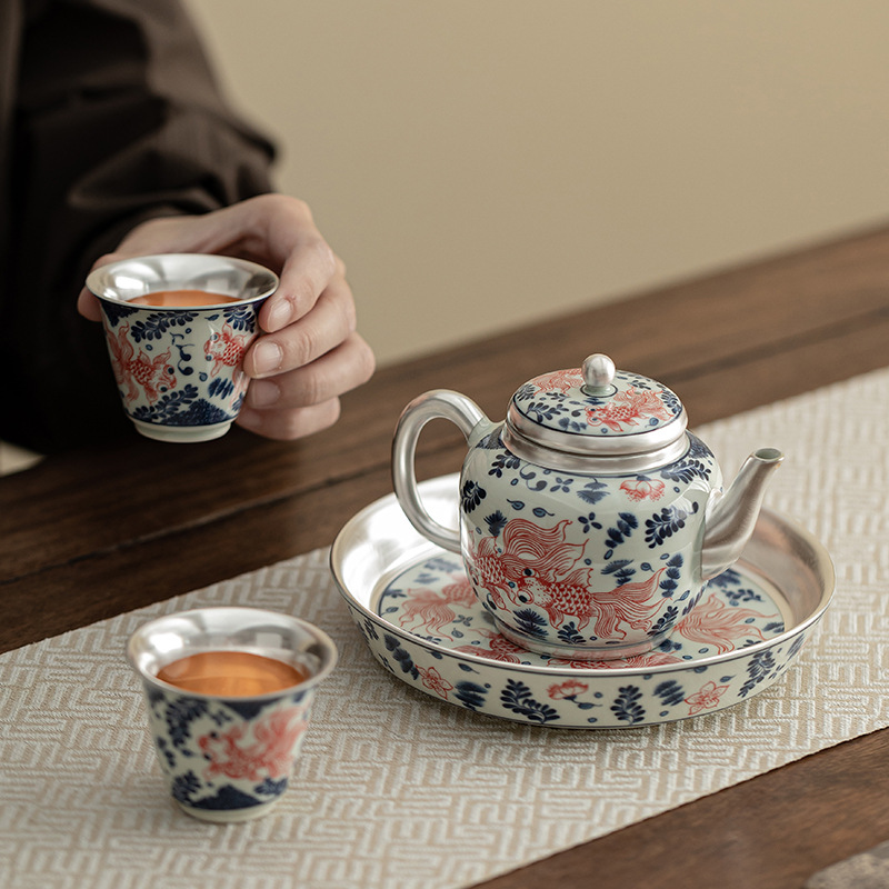 Bộ trà một ấm hai tách cá bạc chơi trong nước Bộ trà gốm sứ gia dụng Trung Quốc tặng quà doanh nghiệp cho người lớn tuổi