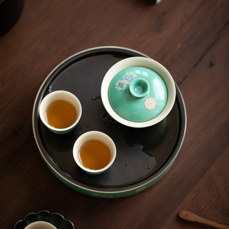 Khay trà gốm xanh ngọc lam, khay đựng nước hai lớp, khay đựng nước, khay đựng trà hình tròn, khay đựng trà, Khay đựng ấm cỡ lớn