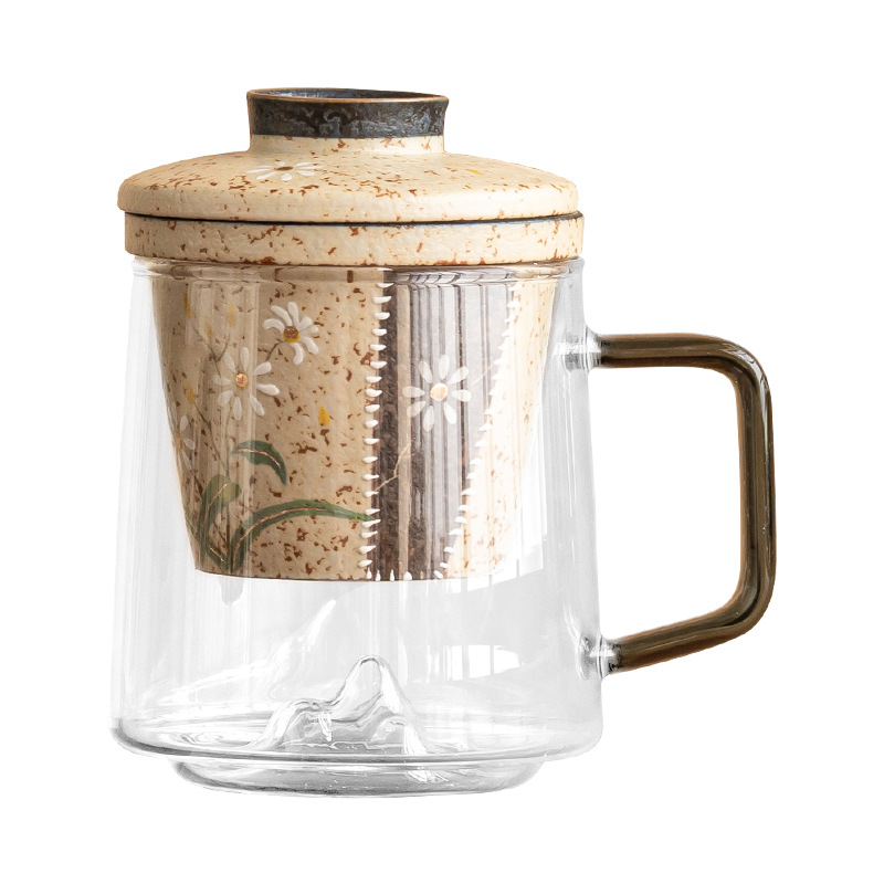 Cốc trà thủy tinh đỏ đá lửa trắng cốc có tay cầm vẽ tay hoa cúc nhỏ cốc văn phòng tách trà tách trà