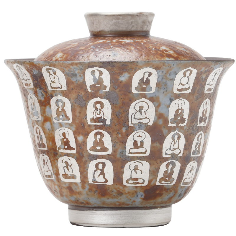 Bát trà có nắp dòng Vạn Phật mạ bạc cốc trà dụng cụ pha trà Kung Fu kiểu Trung Quốc gia dụng Bát trà đơn cao cấp có nắp