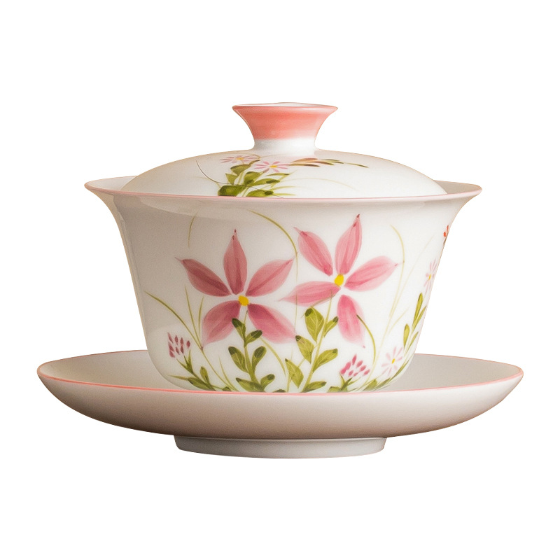 Vẽ tay hoa cúc, chuồn chuồn, bát nắp ba tài, cốc trà, bộ trà Kung Fu gốm sứ dung tích lớn, bát pha trà có nắp dùng trong gia đình