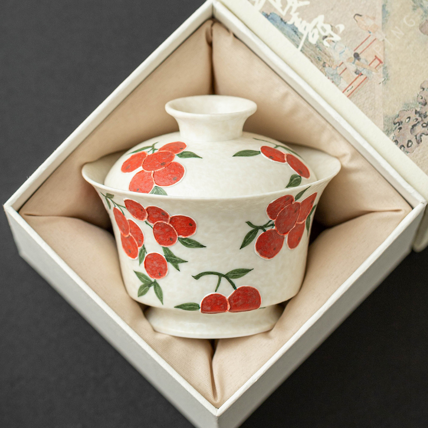 Bộ ấm chén trà gốm sứ Kung Fu màu trắng đá khoáng, họa tiết anh đào chạm khắc thủ công, chén trà gaiwan, một chiếc