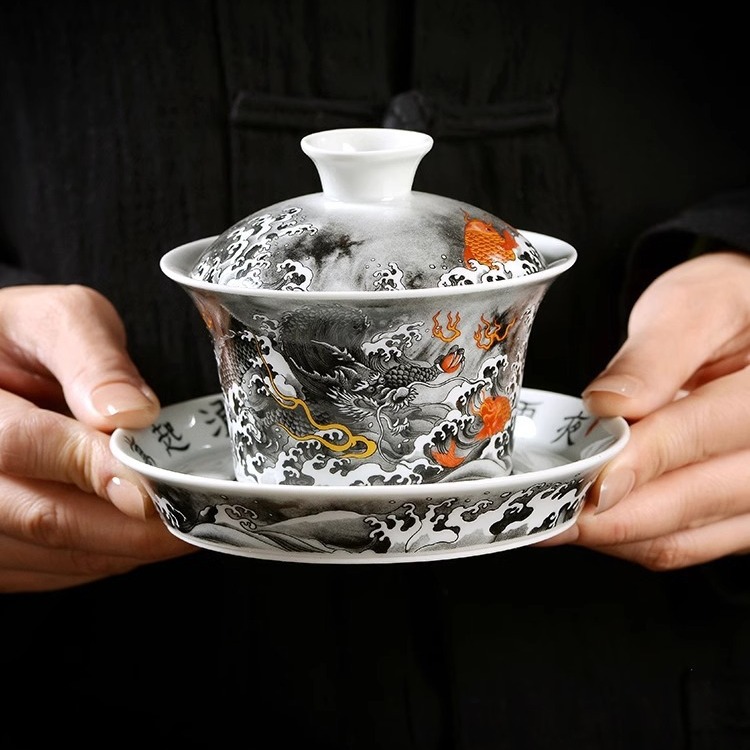 Jingdezhen mực màu Cá hóa long tam tài Bát Nắp bát pha trà không nóng bộ đồ trà Kung Fu gốm sứ gia dụng cỡ lớn