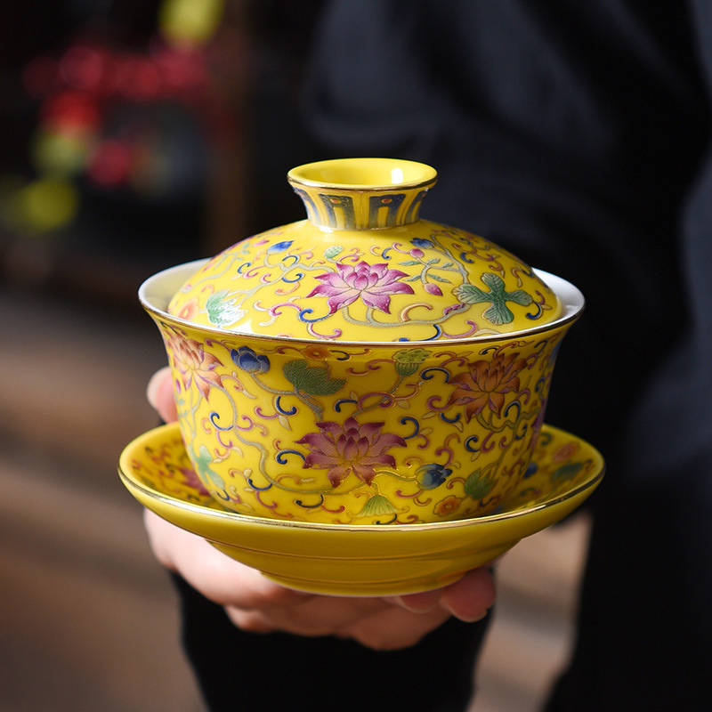 Bát trà tam tài tráng men, bộ trà kungfu, chén trà đơn màu vàng hoàng đế, nắp trà, nắp trà, nhỏ