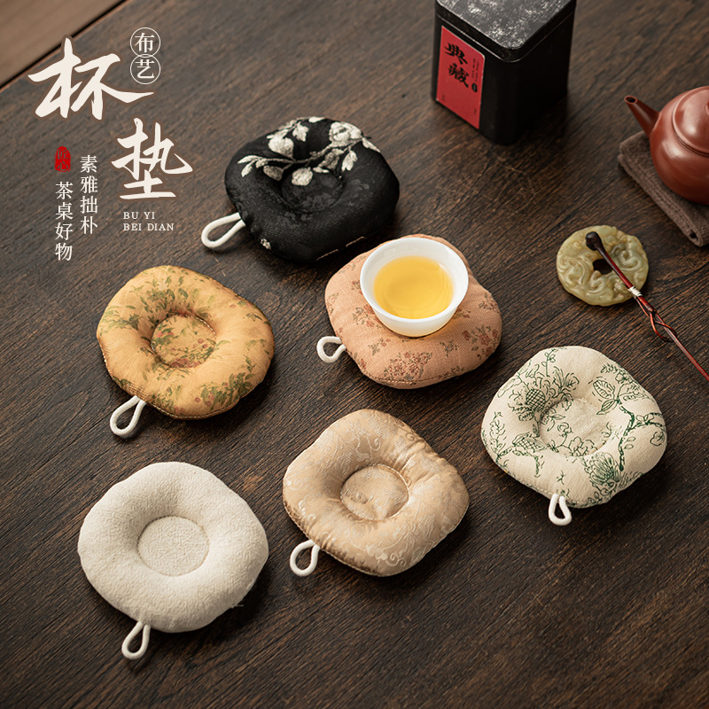 Lót cốc hình tròn vải nghệ thuật, phụ kiện trà đạo phong cách dân tộc, lót ly trà, lót ly trà chống bỏng, lót ly trà dày