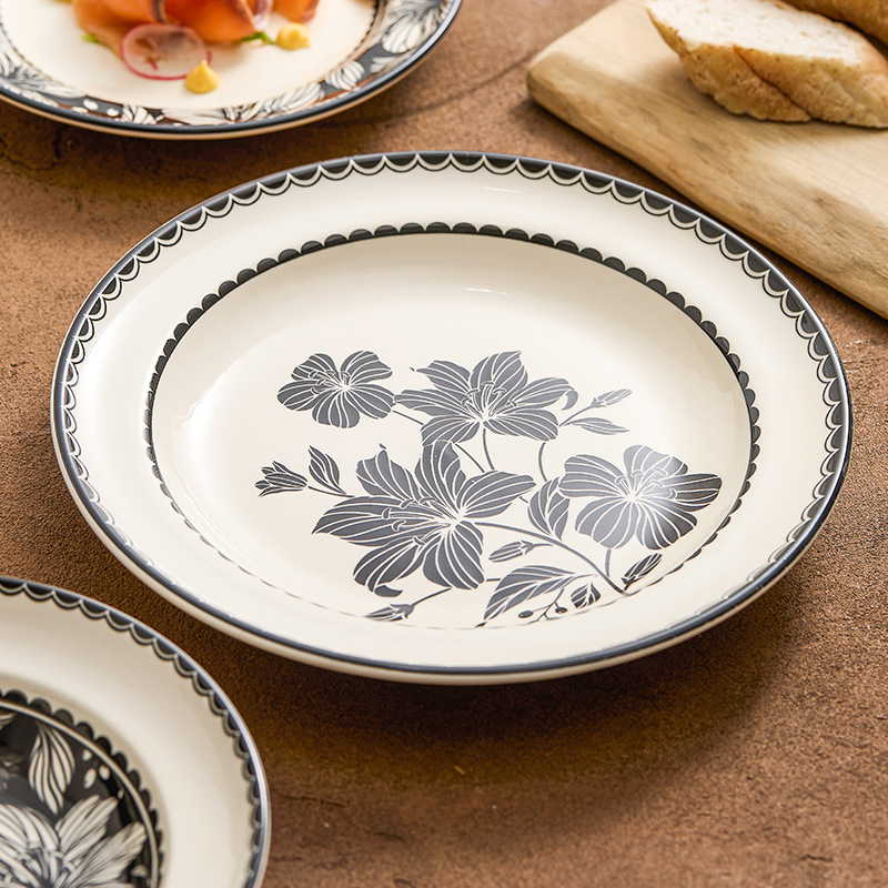 Đĩa hoa gốm sứ thời trung cổ, đĩa ăn tại nhà, nhà hàng khách sạn cao cấp đĩa thức ăn phương Tây sáng tạo, đĩa tròn, đĩa nông