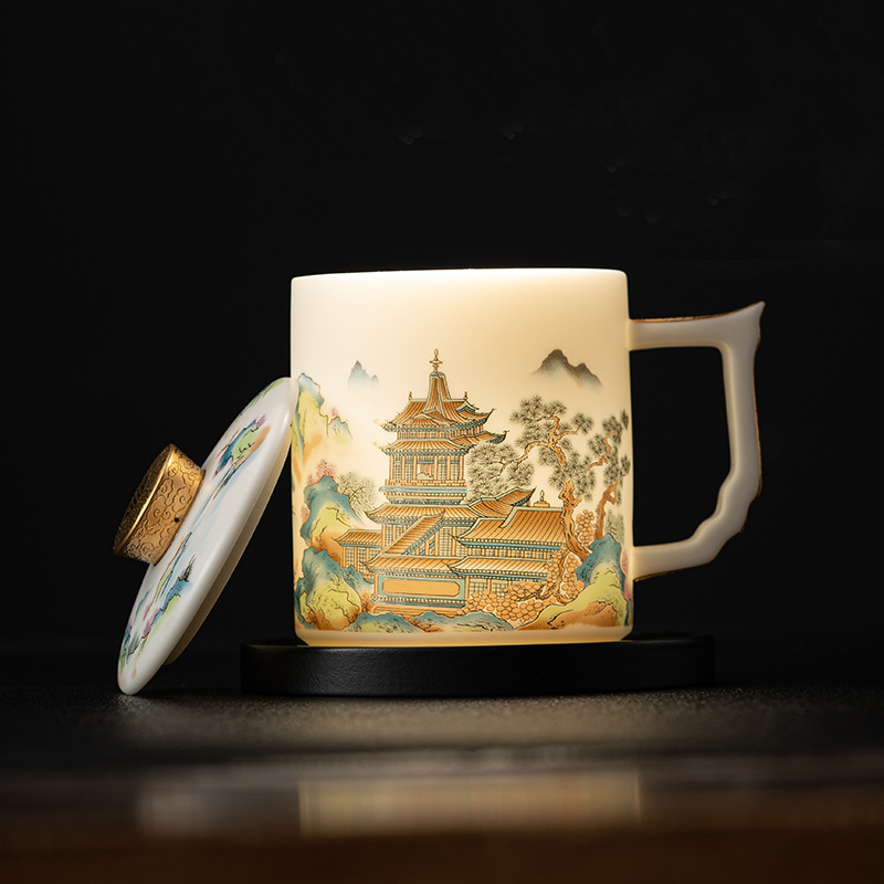 Cốc văn phòng sứ ngọc bích mỡ cừu cao cấp cốc pha trà gốm sứ tách trà cốc nước họp kinh doanh quà tặng cao cấp