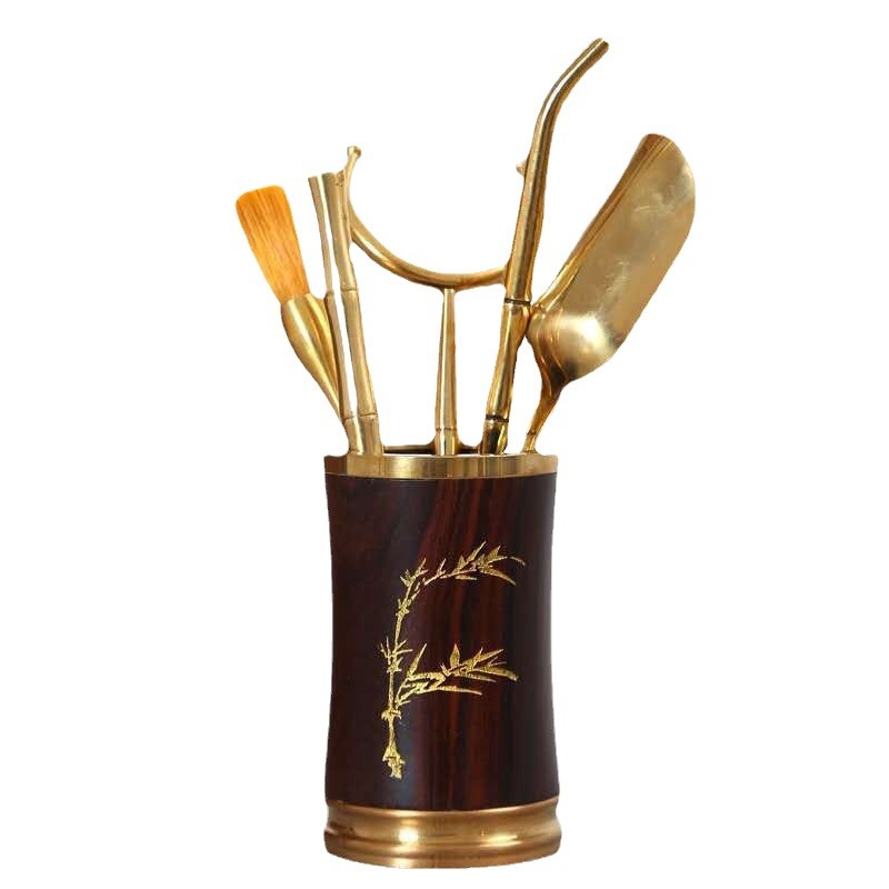 Bộ trà đạo sáu món bằng đồng và gỗ, dụng cụ pha trà kung fu, kẹp trà, muỗng trà, kim trà, chổi trà, phụ kiện dùng cho văn phòng và gia đình.