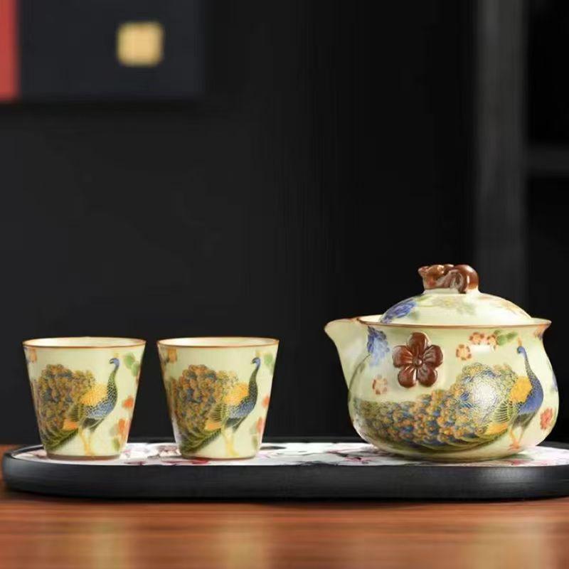 Ấm pha trà, ấm công, ấm cầm tay lò Ru, chén trà nắp bát, bộ trà kungfu du lịch gia dụng cao cấp chống bỏng, gốm sứ