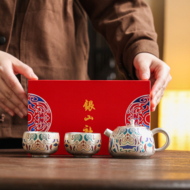 Bộ trà văn hóa và sáng tạo bằng bạc Đôn Hoàng Bộ trà Kung Fu cao cấp cổ điển văn phòng gia dụng