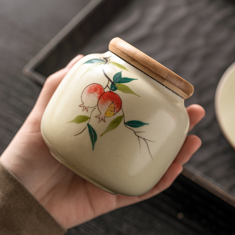 Nồi trà lựu vẽ tay Ru Kiln, bình kín cầm tay chống ẩm nhỏ, bình đựng trà nắp tre gia dụng, kho trà gốm sứ