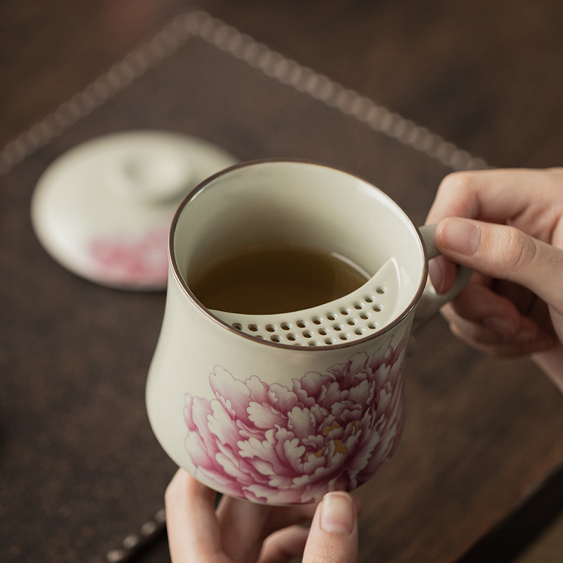 Cổ Ru Lò Hoa Mẫu Đơn Hình Lưỡi Liềm Cốc Nước, Gốm Văn Phòng Trà, Cốc Có Nắp, Lọc Trà