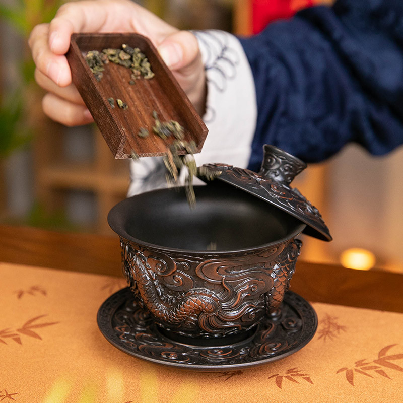 Bát nắp ba tài do gốm tím Tenglong treo hoàn toàn bằng tay đống bộ trà Kung Fu chạm khắc bát trà bát pha trà đơn cỡ lớn gia dụng