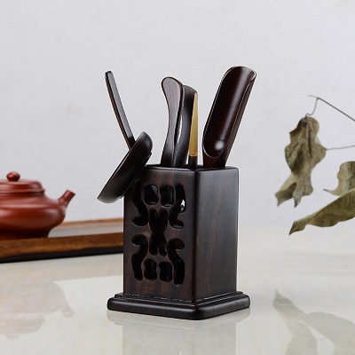 Phụ kiện trà đạo gỗ mun vuông sáu quý ông bộ trà công phu bộ trà nghệ thuật đồ trang trí kẹp trà gỗ nguyên khối bộ thìa trà