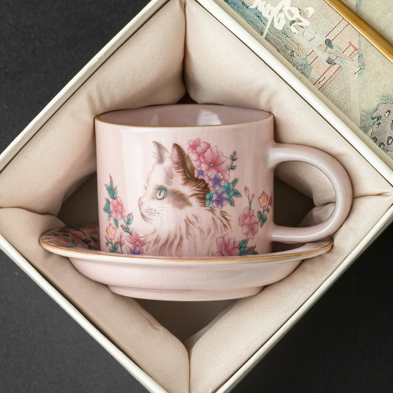 Cốc cà phê Ruyao bột Ruhua mèo cốc đặc biệt dành cho cá nhân nữ cốc và đĩa cốc khuấy cổ điển tinh tế cốc gốm sứ