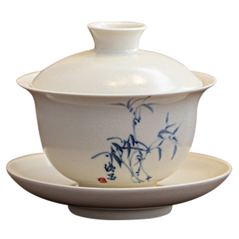 Soda tráng men hai nắp bát pha trà tre vẽ tay dụng cụ pha trà Kung Fu gia dụng bát trà sứ trắng không nóng tay