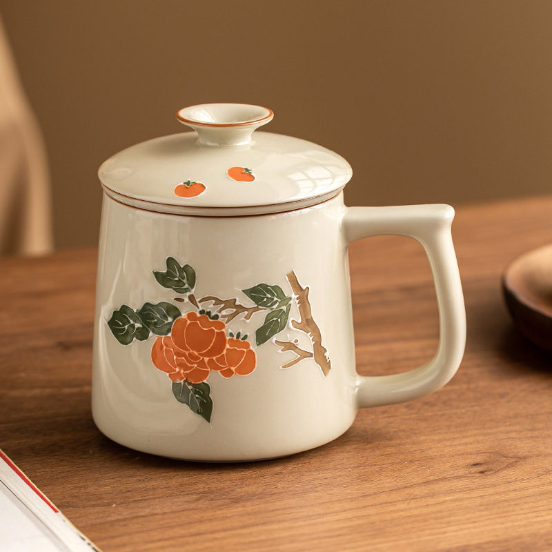 Cốc cốc vẽ tay chạm khắc hồng hồng Ruyi cốc đựng nước gốm sứ gia dụng dung tích lớn có nắp cốc tách trà