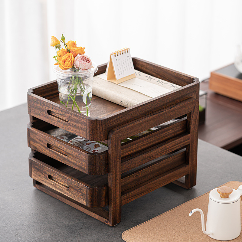 Hộp đựng đồ gỗ óc chó đen để bàn Bộ trà gỗ nguyên khối khay đựng trà văn phòng nhiều tầng giá đựng đồ gia dụng kiểu Nhật