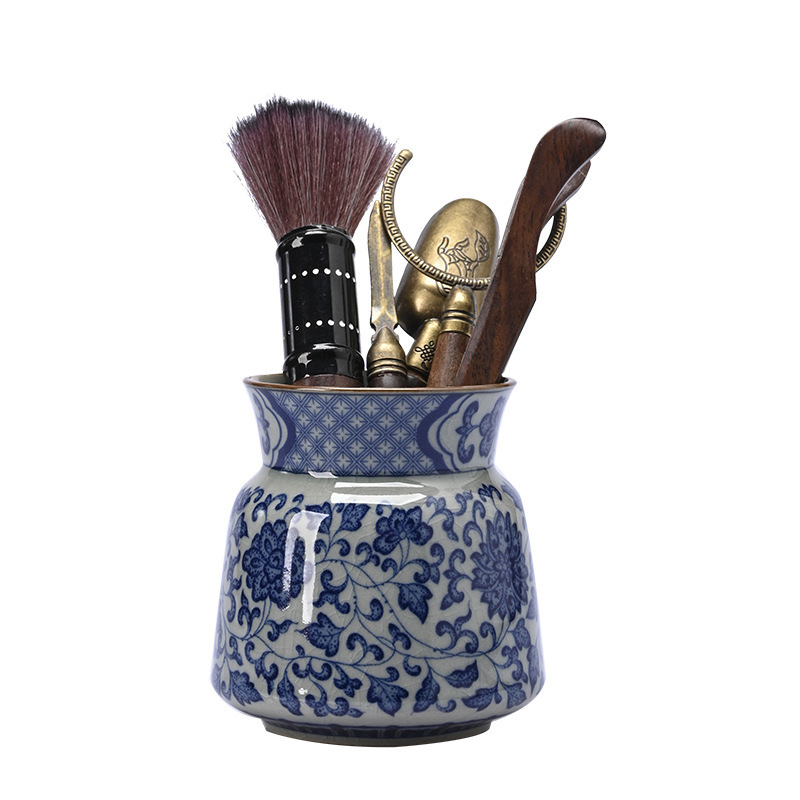 Trà đạo sứ trắng xanh sáu quý ông bộ dụng cụ trà Kung Fu phụ kiện bộ tranh phong cảnh dụng cụ pha trà gốm sứ kẹp dao pha trà