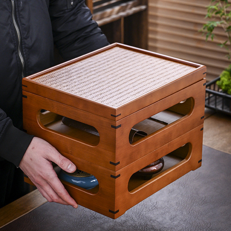 Hộp tre đan tinh xảo Bộ ấm trà Duobaoge Hộp kho báu Càn Long Tủ trà Ấm tử sa đa năng Bộ tách trà Hộp đựng để bàn