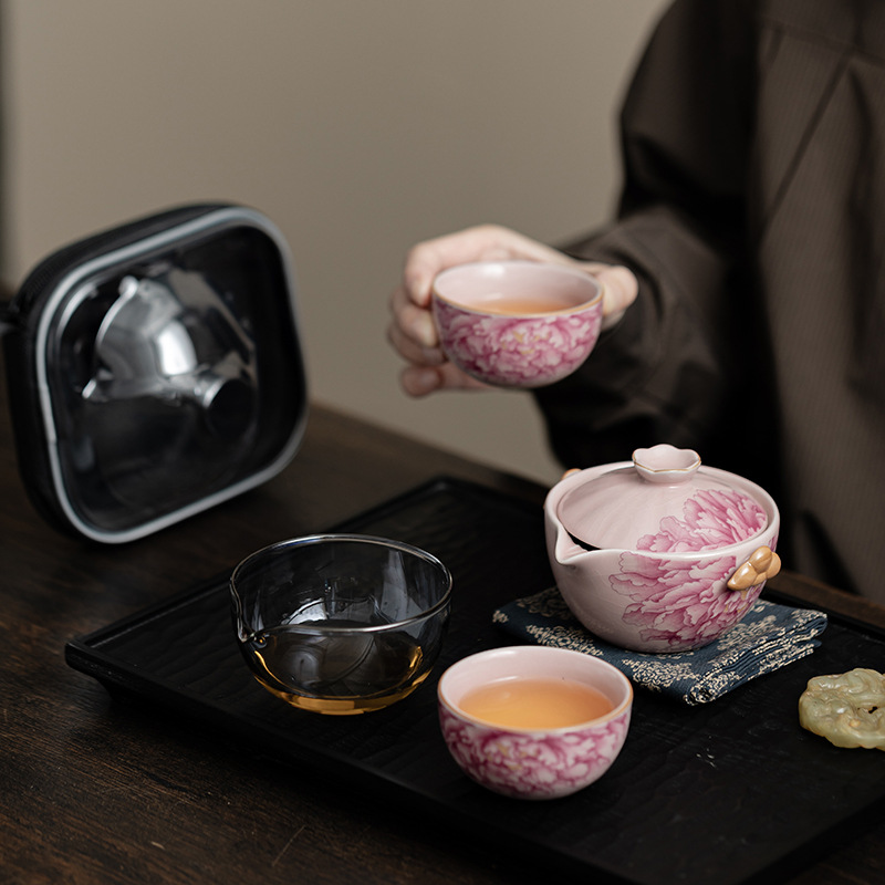 Lò nung Ru cổ Bộ trà du lịch màu quốc gia Tianxiang cắm trại ngoài trời di động một bình hai cốc nhanh cốc pha trà đơn giản
