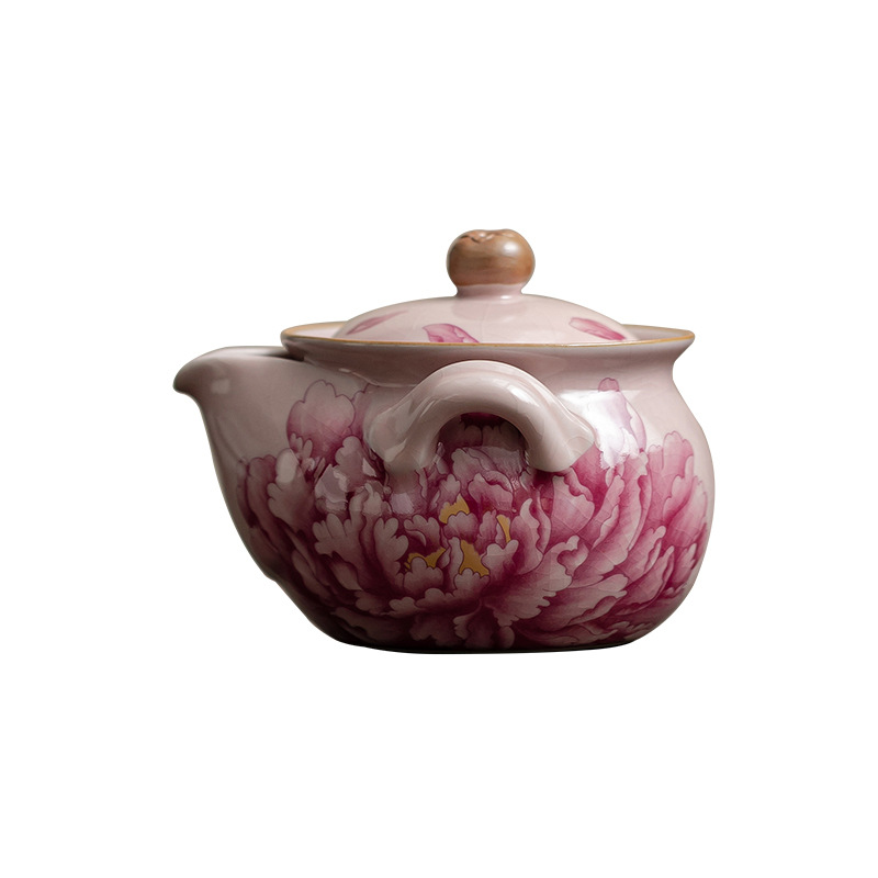 Ấm cầm tay hoa mẫu đơn Ru Kiln màu hồng ấm pha trà bộ trà Kung Fu đơn dụng cụ pha trà chống bỏng gốm sứ gia dụng hộp quà