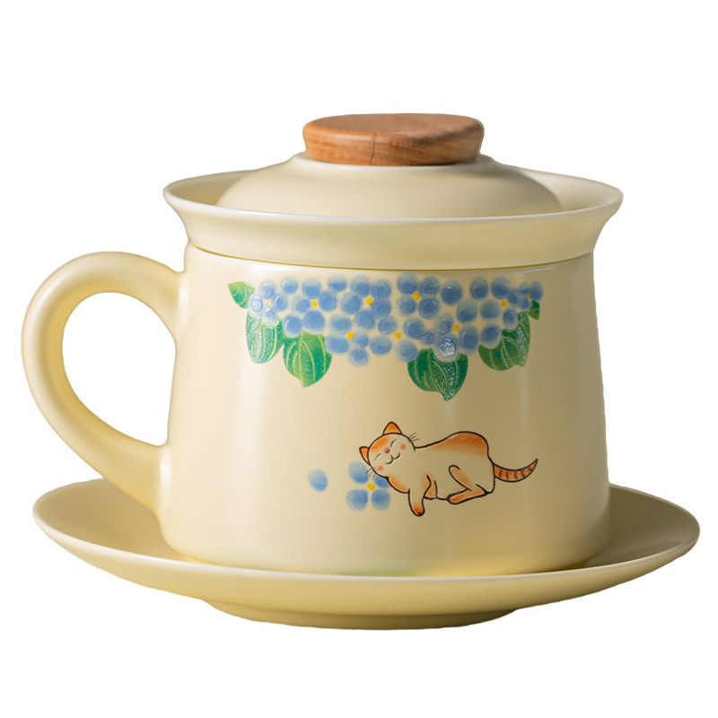 Cốc cà phê mèo ngủ Ruyao màu vàng cốc cà phê cốc gốm sứ gia dụng cốc văn phòng cốc cá nhân cốc pha trà