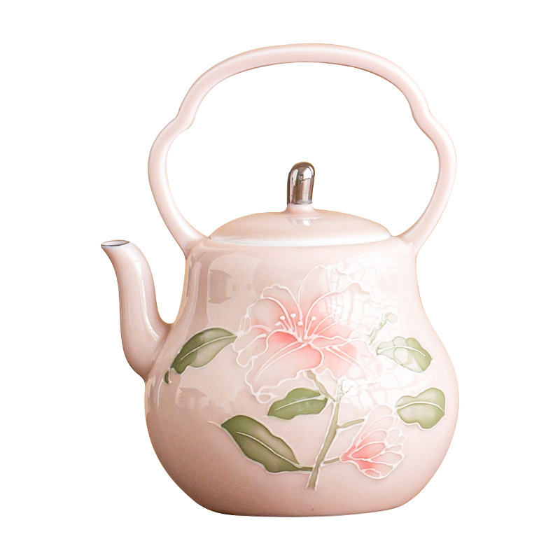 Chậu cầm xà chạm khắc hoa huệ hồng vẽ tay ấm trà gốm sứ vẽ tay gia dụng ấm trà đơn bộ trà cao cấp có lọc ấm pha trà