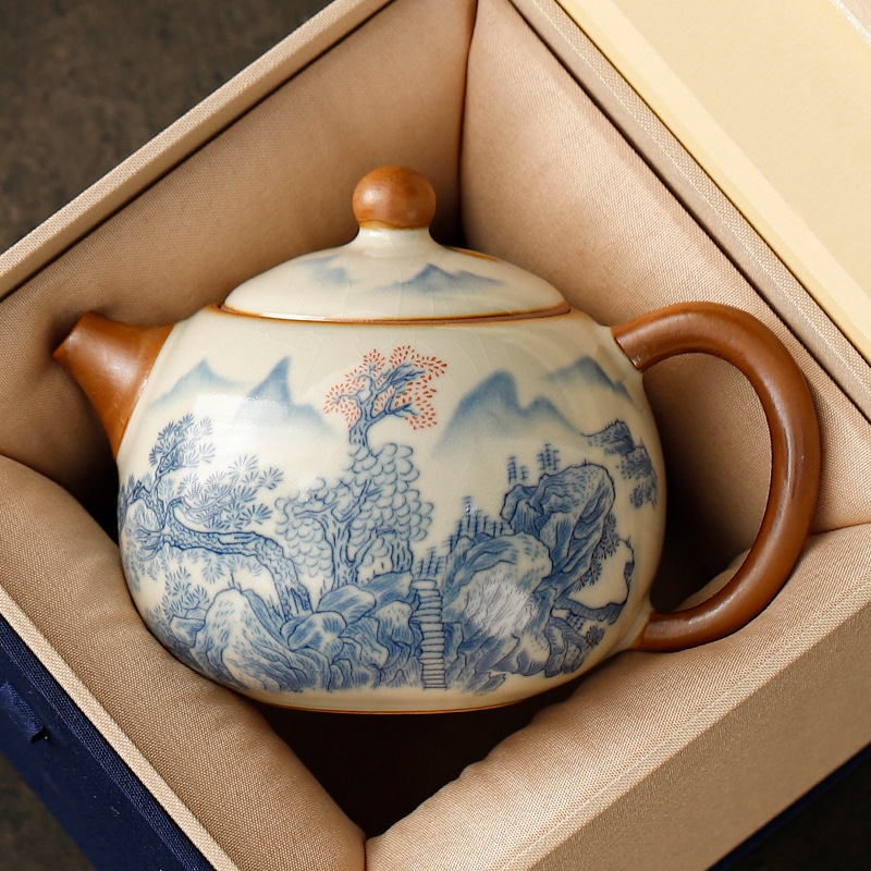 Bộ ấm chén trà Kung Fu hoa Ruyao nhỏ, một ấm bốn chén, dùng cho nhà ở, khách sạn, kiểu cổ điển Trung Hoa, màu xanh trắng.
