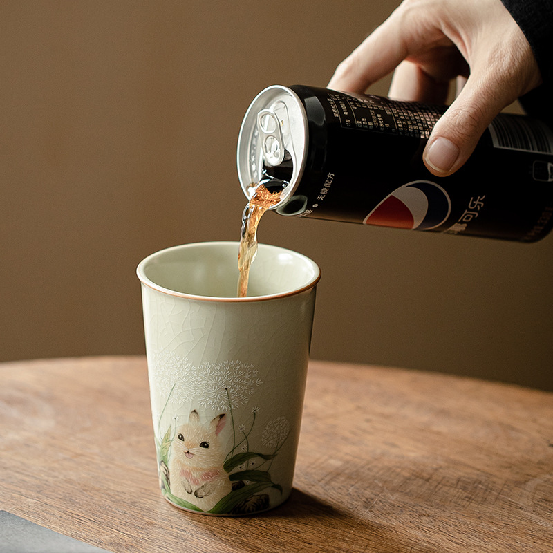 Cốc Coke thỏ dễ thương màu be Ru Kiln Cốc tiện dụng Cốc pha trà gốm sứ cỡ lớn Cốc đơn Bộ trà Kung Fu