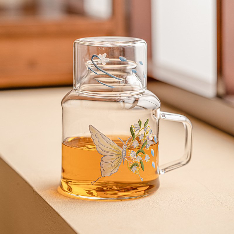 Ấm đun nước lạnh hoa bướm ấm trà lạnh thủy tinh chịu nhiệt cao ấm trà trái cây đồ uống dung tích lớn bộ ấm trà hoa có giá trị cao
