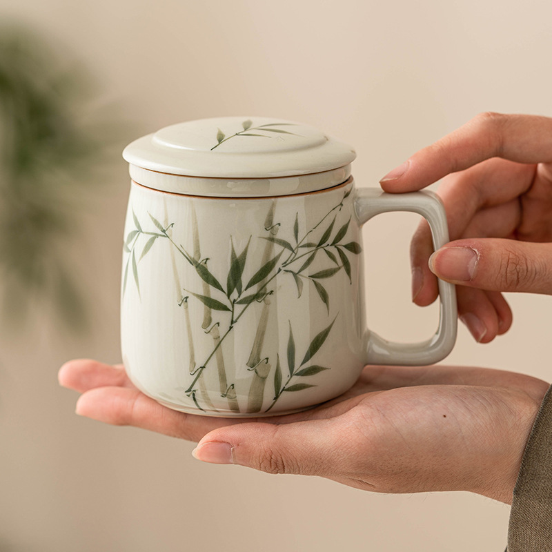 Cốc gốm sứ tre xanh ngọc bích vẽ tay Cốc pha trà tách trà có nắp cốc trà văn phòng cá nhân cốc nước