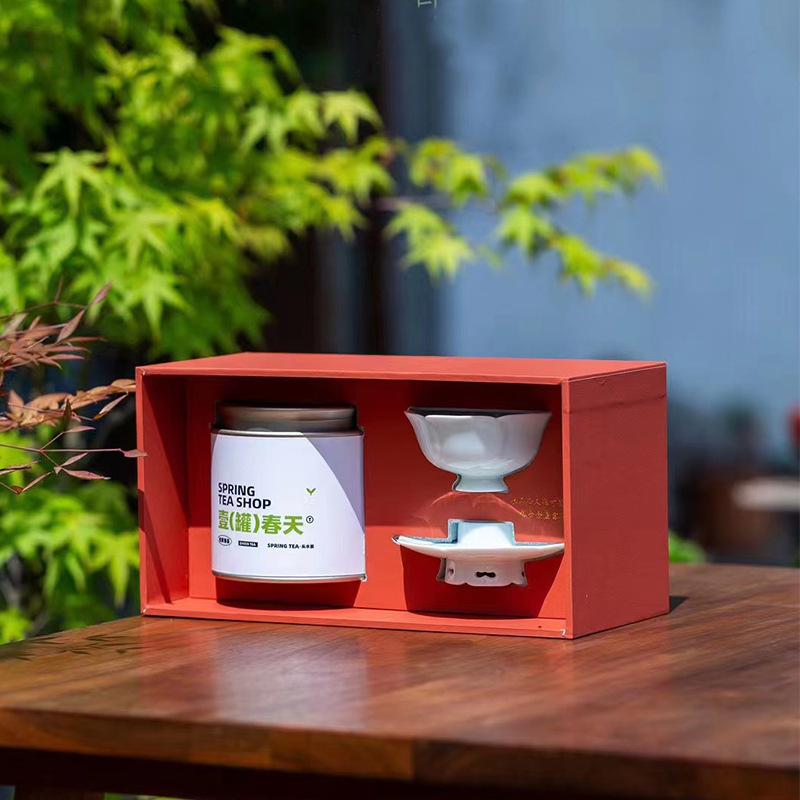 Một lon trà cốc mùa xuân, bộ hộp quà, tách trà gốm, trà xanh, bao bì trà Long Tỉnh thời nhà Minh, hộp rỗng